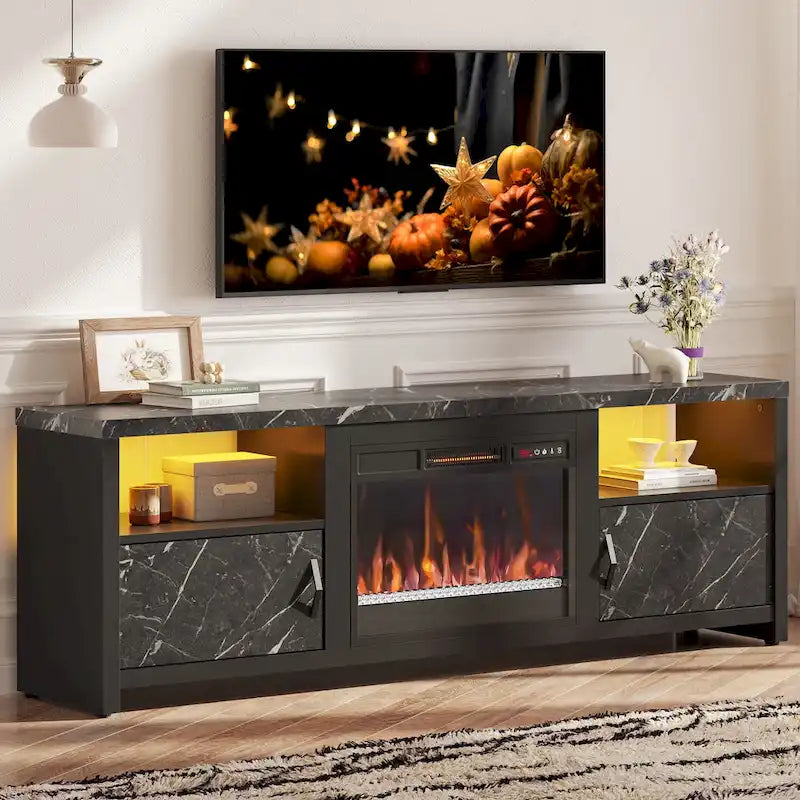 Mobile TV moderno con caminetto a LED, finitura Grey Wash / marmo nero / noce / pino, adatto per TV fino a 75"