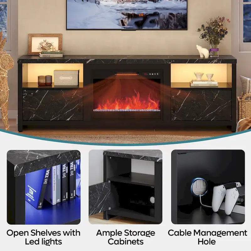 Mobile TV moderno con caminetto a LED, finitura Grey Wash / marmo nero / noce / pino, adatto per TV fino a 75"