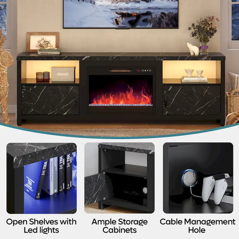 Mobile TV moderno con caminetto a LED, finitura Grey Wash / marmo nero / noce / pino, adatto per TV fino a 75"