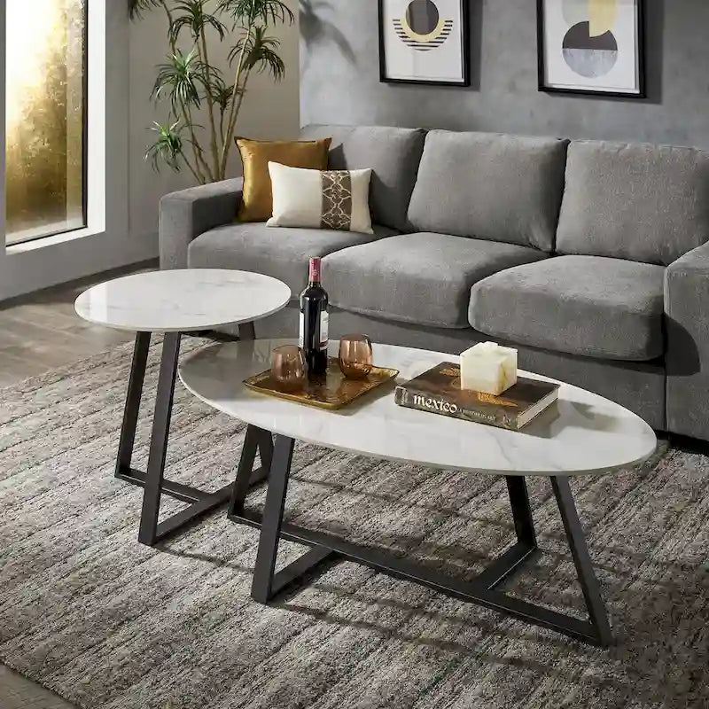 Tavolino da Caffè in Pietra Sinterizzata Grigio/Bianco, Mid-Century Modern, Set da 1-2 Pezzi