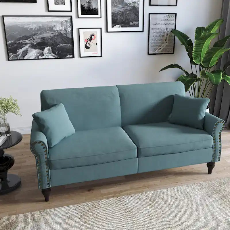 Divanetto a due posti in lino da 185 cm – Borchie decorative, Braccioli arrotondati | Beige / Blu scuro / Azzurro / Grigio scuro