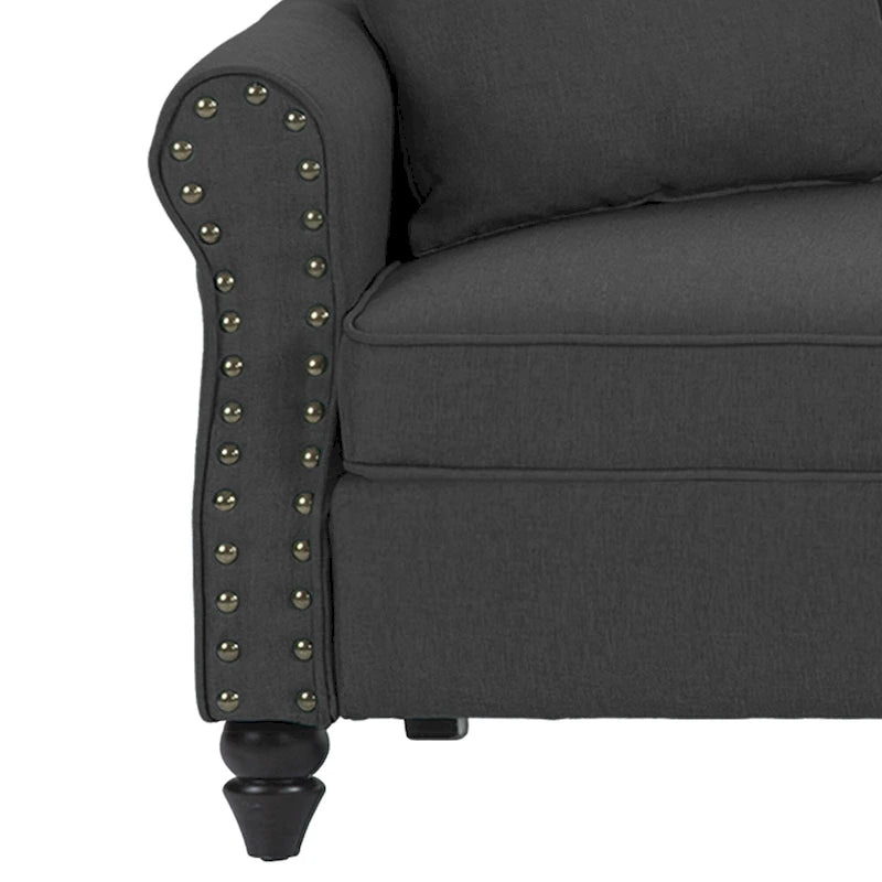 Divanetto a due posti in lino da 185 cm – Borchie decorative, Braccioli arrotondati | Beige / Blu scuro / Azzurro / Grigio scuro