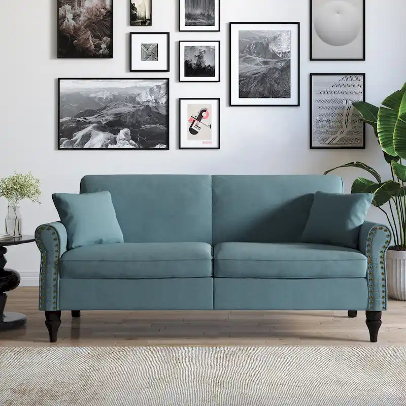 Divanetto a due posti in lino da 185 cm – Borchie decorative, Braccioli arrotondati | Beige / Blu scuro / Azzurro / Grigio scuro