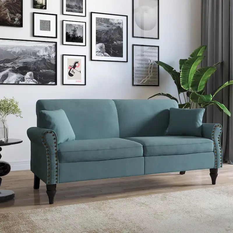 Divanetto a due posti in lino da 185 cm – Borchie decorative, Braccioli arrotondati | Beige / Blu scuro / Azzurro / Grigio scuro