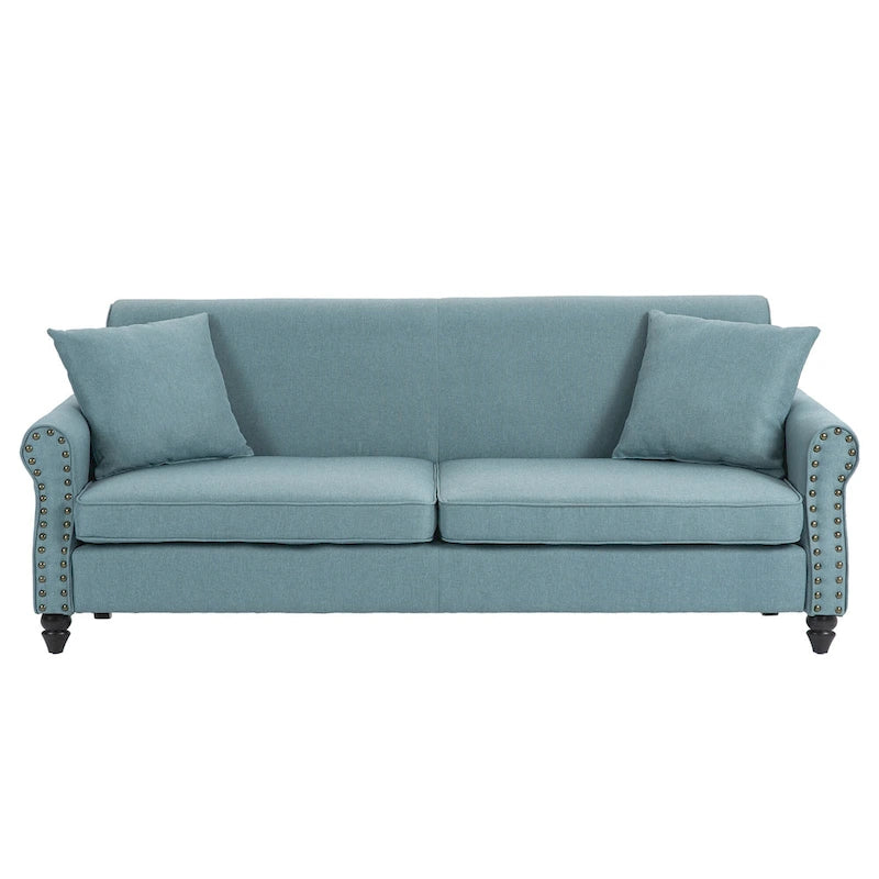 Divanetto a due posti in lino da 185 cm – Borchie decorative, Braccioli arrotondati | Beige / Blu scuro / Azzurro / Grigio scuro