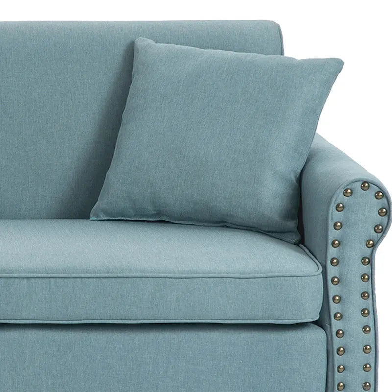 Divanetto a due posti in lino da 185 cm – Borchie decorative, Braccioli arrotondati | Beige / Blu scuro / Azzurro / Grigio scuro