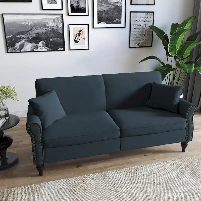 Divanetto a due posti in lino da 185 cm – Borchie decorative, Braccioli arrotondati | Beige / Blu scuro / Azzurro / Grigio scuro