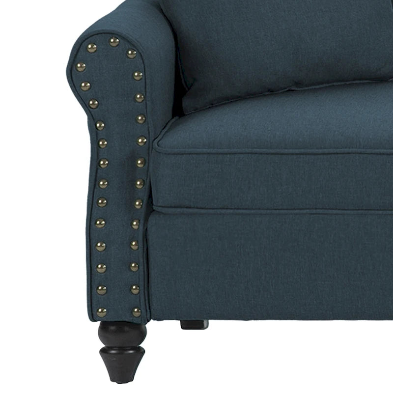 Divanetto a due posti in lino da 185 cm – Borchie decorative, Braccioli arrotondati | Beige / Blu scuro / Azzurro / Grigio scuro