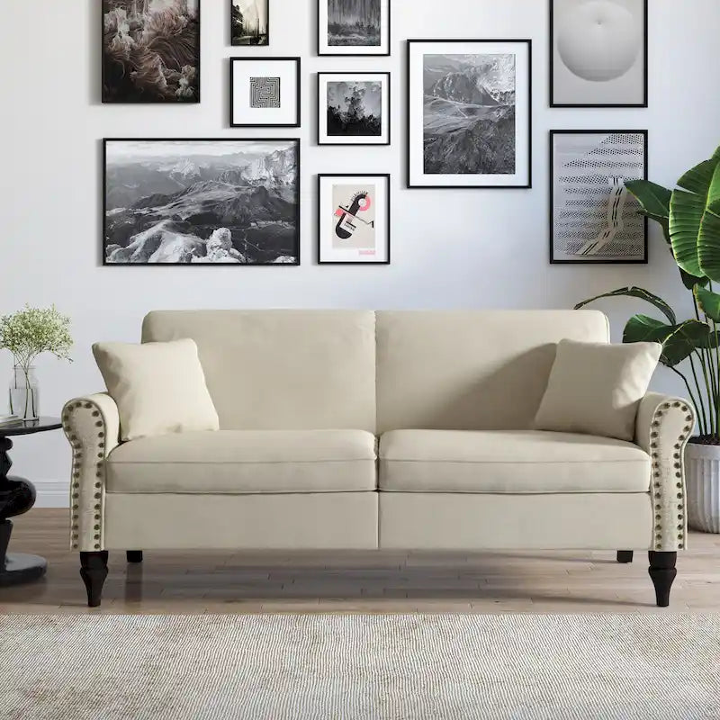 Divanetto a due posti in lino da 185 cm – Borchie decorative, Braccioli arrotondati | Beige / Blu scuro / Azzurro / Grigio scuro
