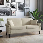 Divanetto a due posti in lino da 185 cm – Borchie decorative, Braccioli arrotondati | Beige / Blu scuro / Azzurro / Grigio scuro