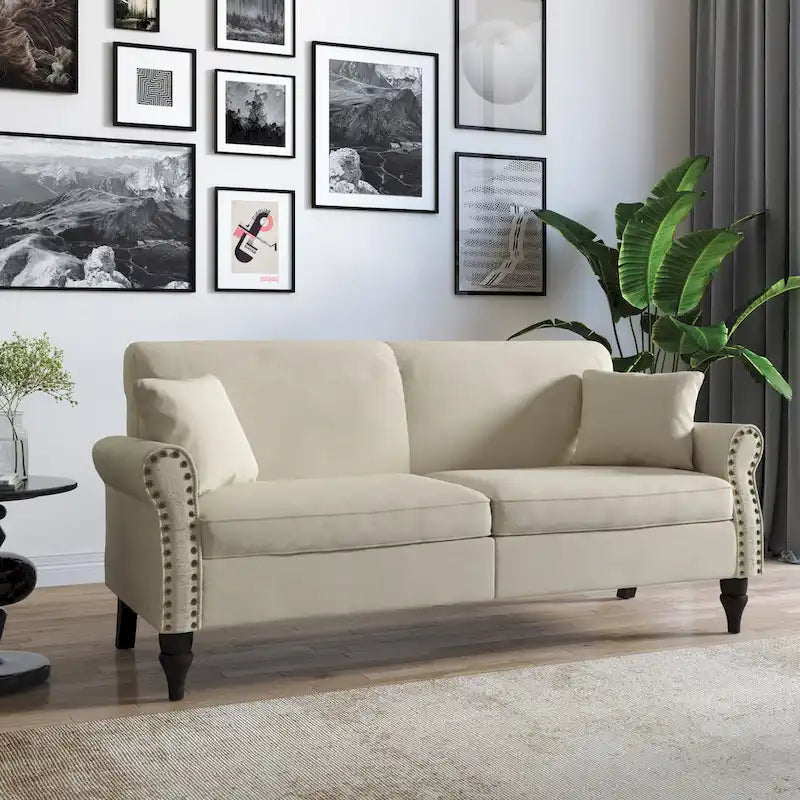 Divanetto a due posti in lino da 185 cm – Borchie decorative, Braccioli arrotondati | Beige / Blu scuro / Azzurro / Grigio scuro