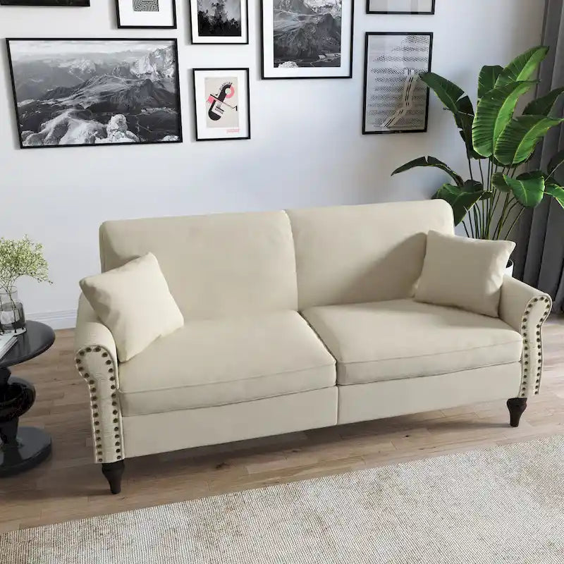 Divanetto a due posti in lino da 185 cm – Borchie decorative, Braccioli arrotondati | Beige / Blu scuro / Azzurro / Grigio scuro