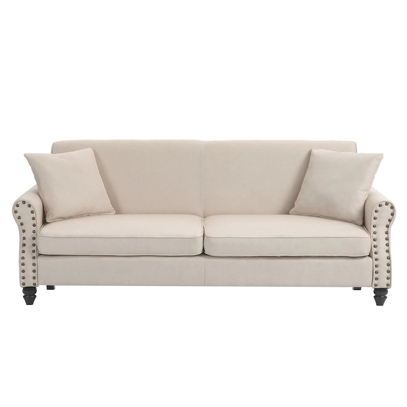 Divanetto a due posti in lino da 185 cm – Borchie decorative, Braccioli arrotondati | Beige / Blu scuro / Azzurro / Grigio scuro