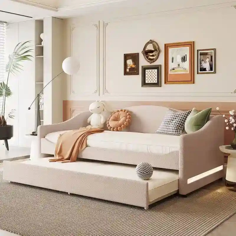 Letto a una piazza singolo imbottito rosa/grigio/beige con luci LED e letto estraibile – Per 2 persone
