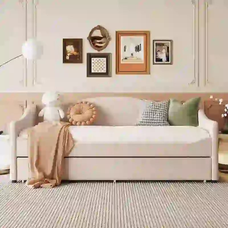 Letto a una piazza singolo imbottito rosa/grigio/beige con luci LED e letto estraibile – Per 2 persone