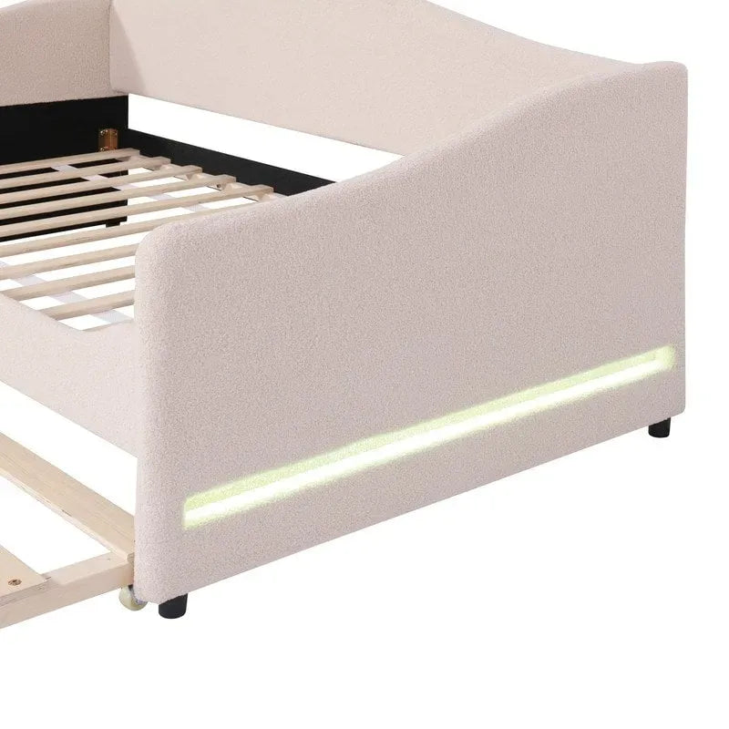 Letto a una piazza singolo imbottito rosa/grigio/beige con luci LED e letto estraibile – Per 2 persone