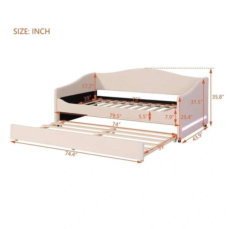 Letto a una piazza singolo imbottito rosa/grigio/beige con luci LED e letto estraibile – Per 2 persone