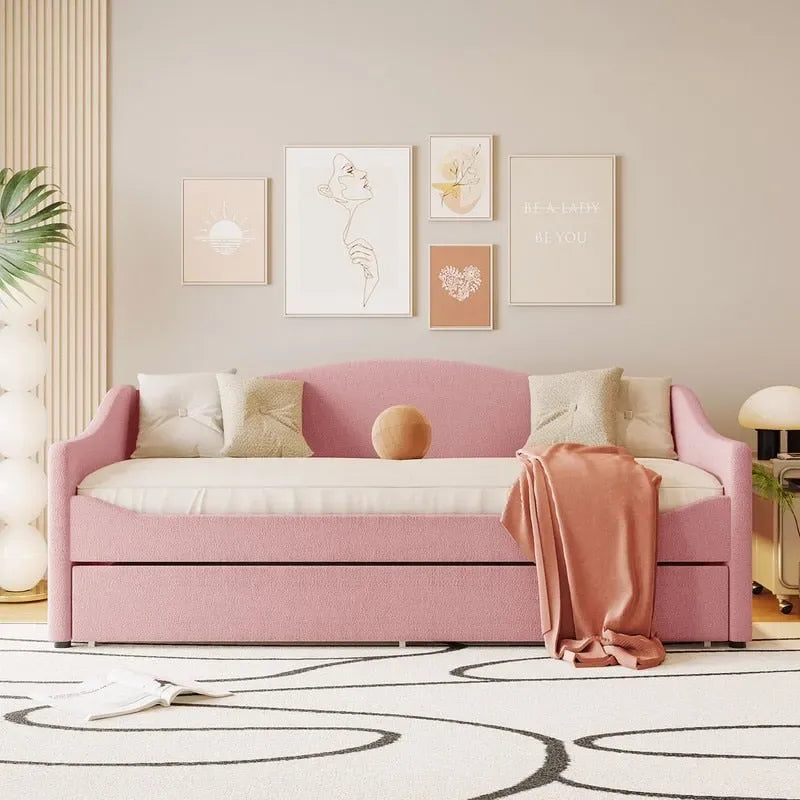 Letto a una piazza singolo imbottito rosa/grigio/beige con luci LED e letto estraibile – Per 2 persone