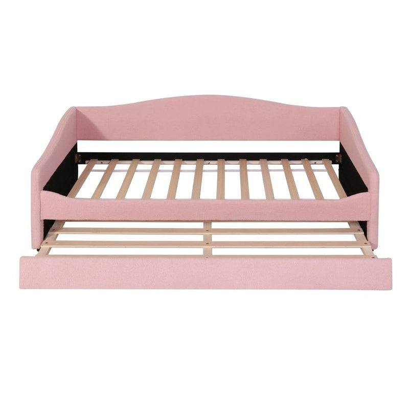 Letto a una piazza singolo imbottito rosa/grigio/beige con luci LED e letto estraibile – Per 2 persone