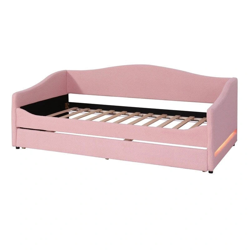 Letto a una piazza singolo imbottito rosa/grigio/beige con luci LED e letto estraibile – Per 2 persone