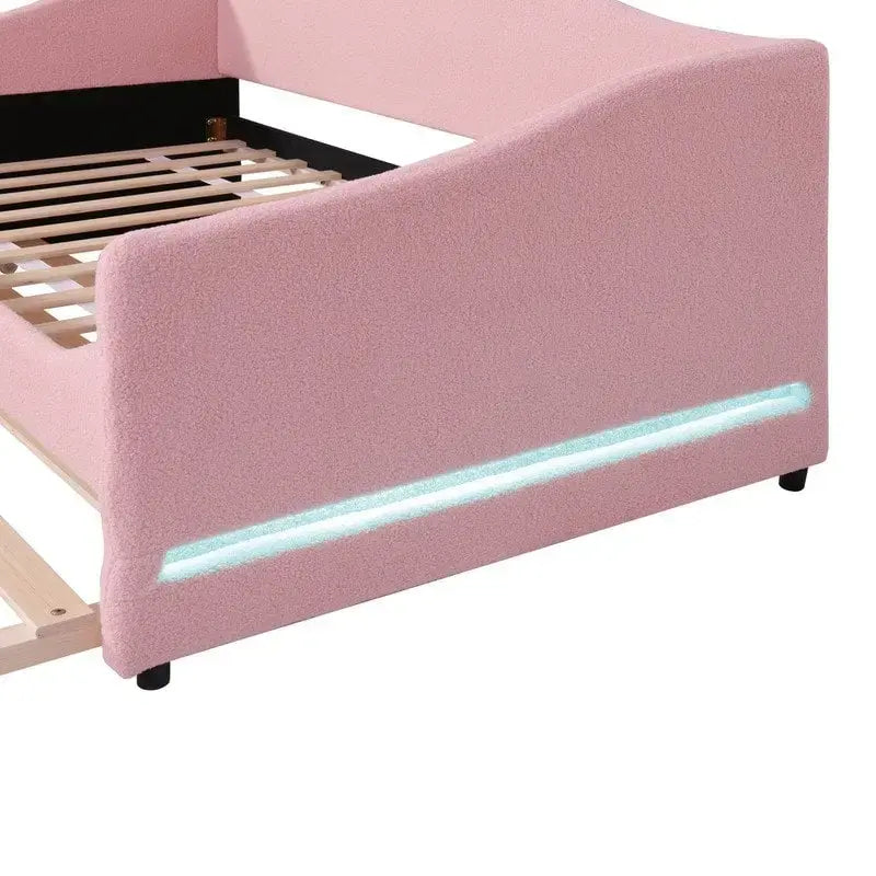 Letto a una piazza singolo imbottito rosa/grigio/beige con luci LED e letto estraibile – Per 2 persone
