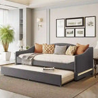 Letto a una piazza singolo imbottito rosa/grigio/beige con luci LED e letto estraibile – Per 2 persone