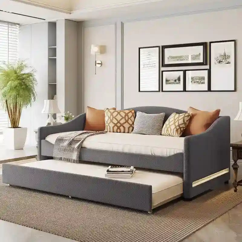 Letto a una piazza singolo imbottito rosa/grigio/beige con luci LED e letto estraibile – Per 2 persone