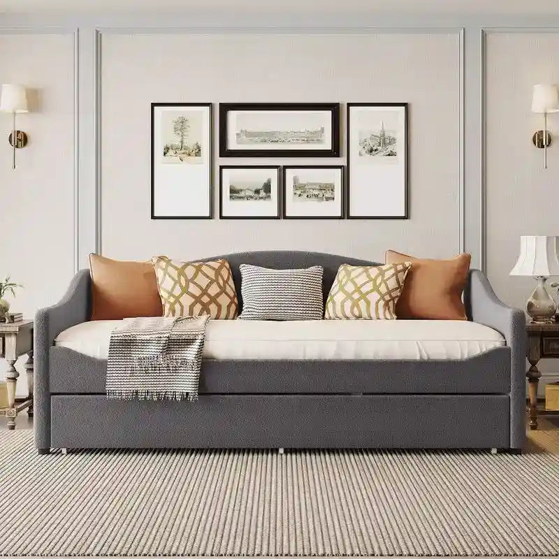 Letto a una piazza singolo imbottito rosa/grigio/beige con luci LED e letto estraibile – Per 2 persone