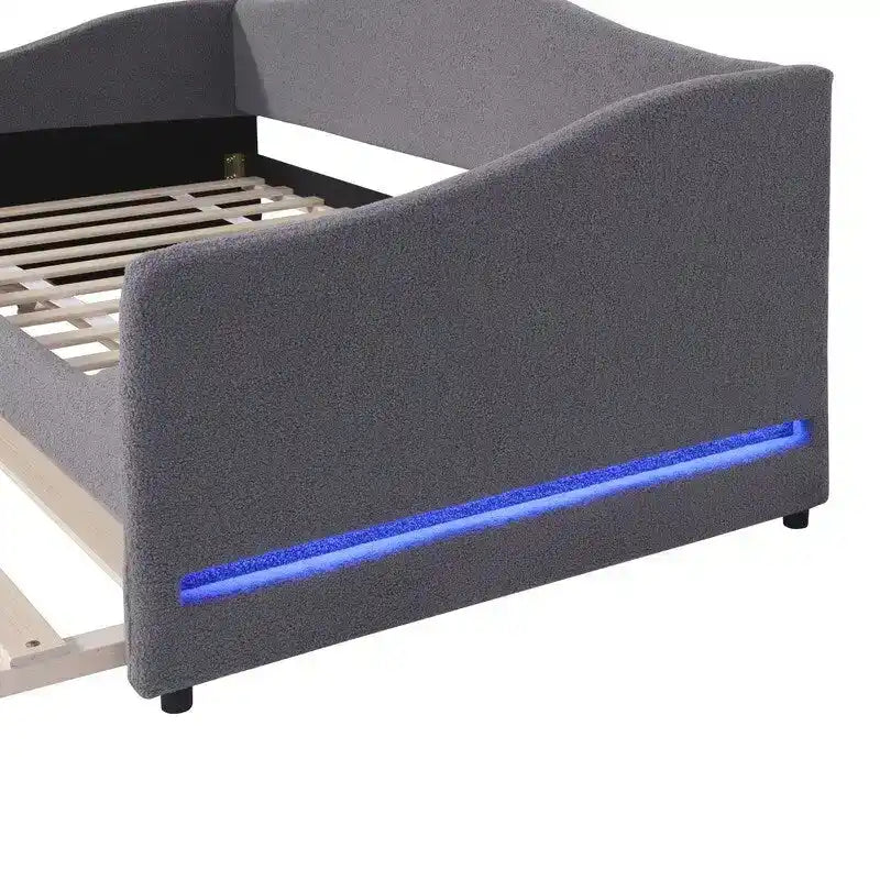 Letto a una piazza singolo imbottito rosa/grigio/beige con luci LED e letto estraibile – Per 2 persone