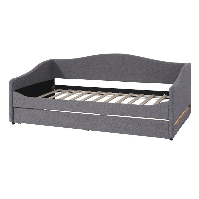 Letto a una piazza singolo imbottito rosa/grigio/beige con luci LED e letto estraibile – Per 2 persone