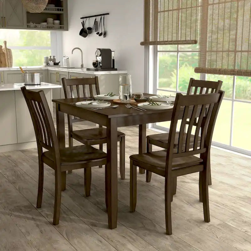 Set da pranzo di 5 pezzi in legno massello, Espresso / Noce / Grigio, 4 posti a sedere