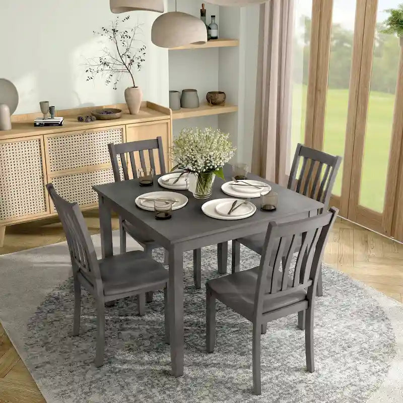 Set da pranzo di 5 pezzi in legno massello, Espresso / Noce / Grigio, 4 posti a sedere