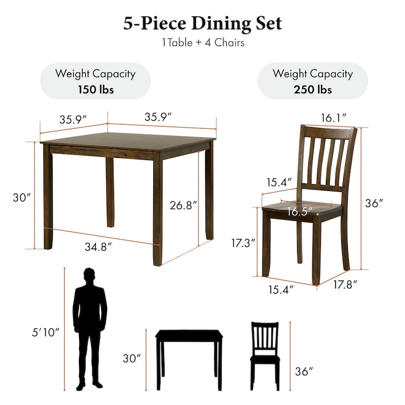 Set da pranzo di 5 pezzi in legno massello, Espresso / Noce / Grigio, 4 posti a sedere