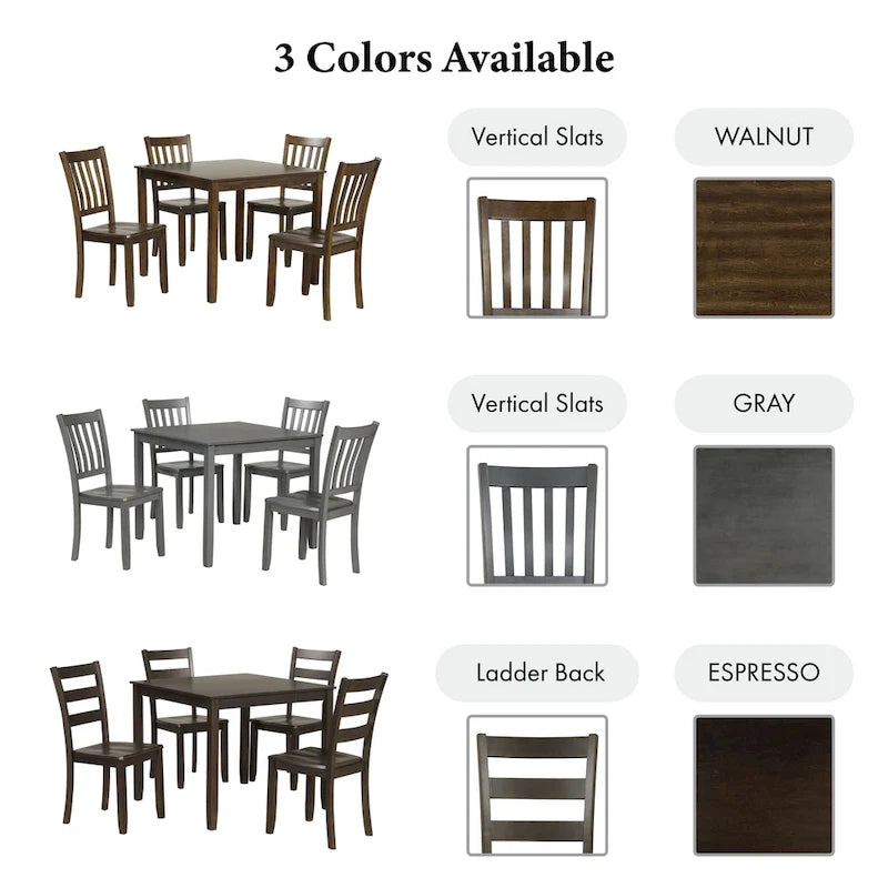 Set da pranzo di 5 pezzi in legno massello, Espresso / Noce / Grigio, 4 posti a sedere