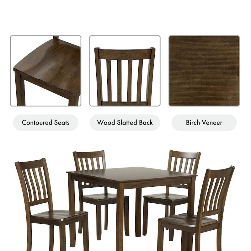 Set da pranzo di 5 pezzi in legno massello, Espresso / Noce / Grigio, 4 posti a sedere