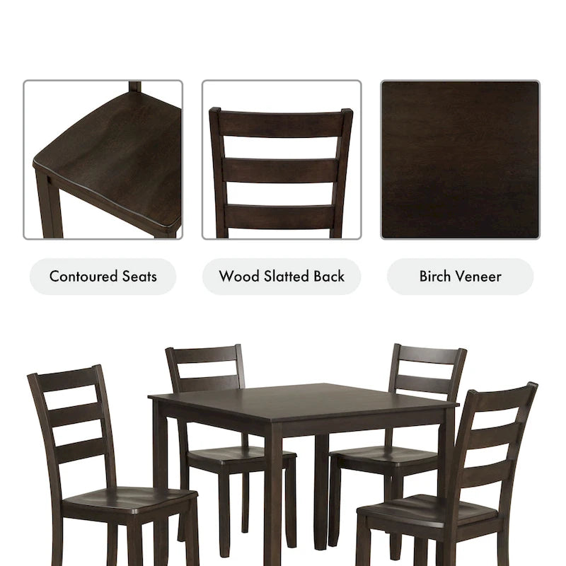 Set da pranzo di 5 pezzi in legno massello, Espresso / Noce / Grigio, 4 posti a sedere