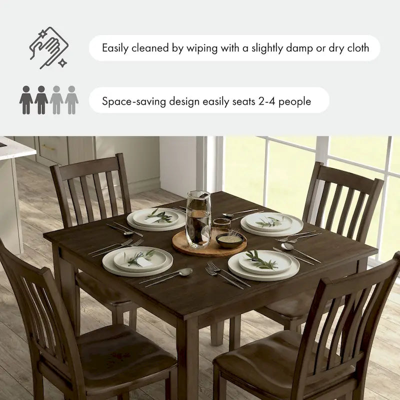 Set da pranzo di 5 pezzi in legno massello, Espresso / Noce / Grigio, 4 posti a sedere