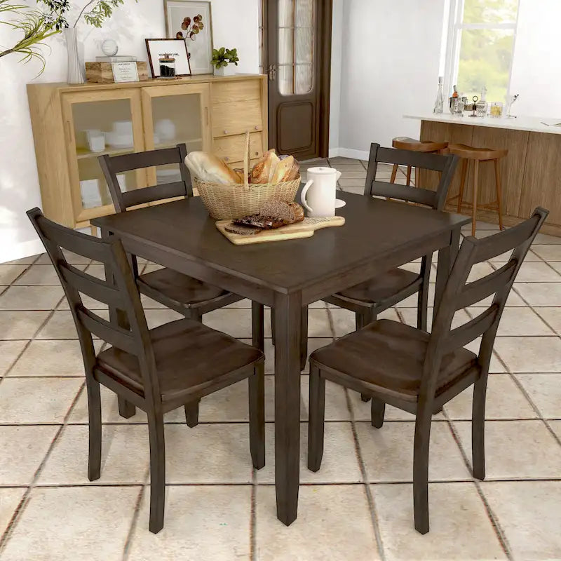 Set da pranzo di 5 pezzi in legno massello, Espresso / Noce / Grigio, 4 posti a sedere