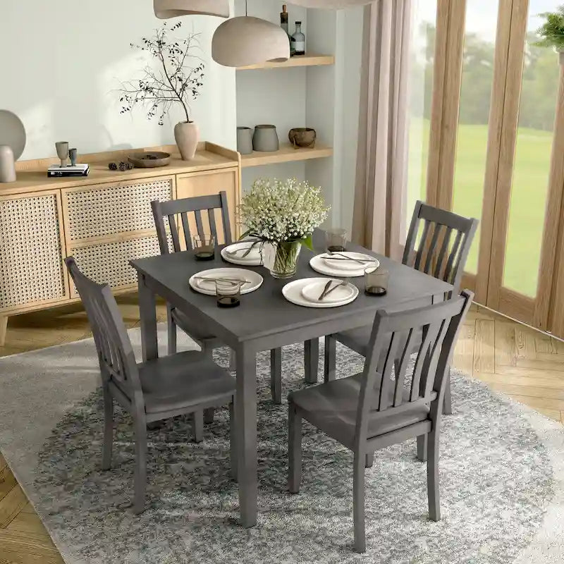 Set da pranzo di 5 pezzi in legno massello, Espresso / Noce / Grigio, 4 posti a sedere