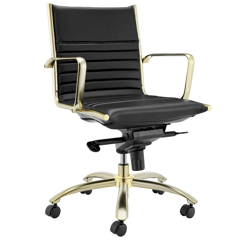 Sedia da ufficio bassa schienale nero e oro, sedile in corda elastica, monoposto