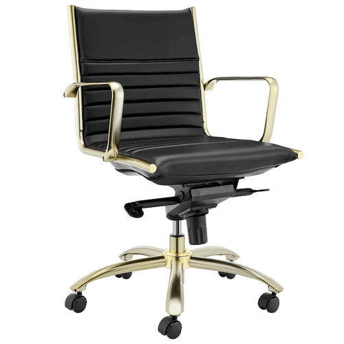 Sedia da ufficio bassa schienale nero e oro, sedile in corda elastica, monoposto