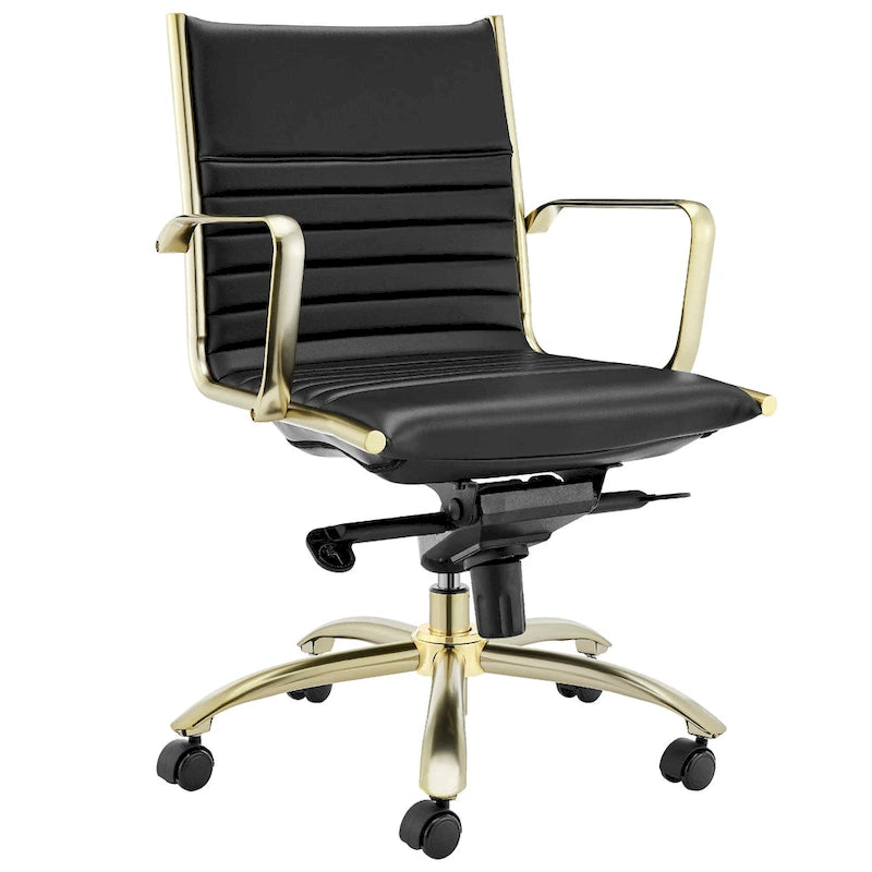 Sedia da ufficio bassa schienale nero e oro, sedile in corda elastica, monoposto