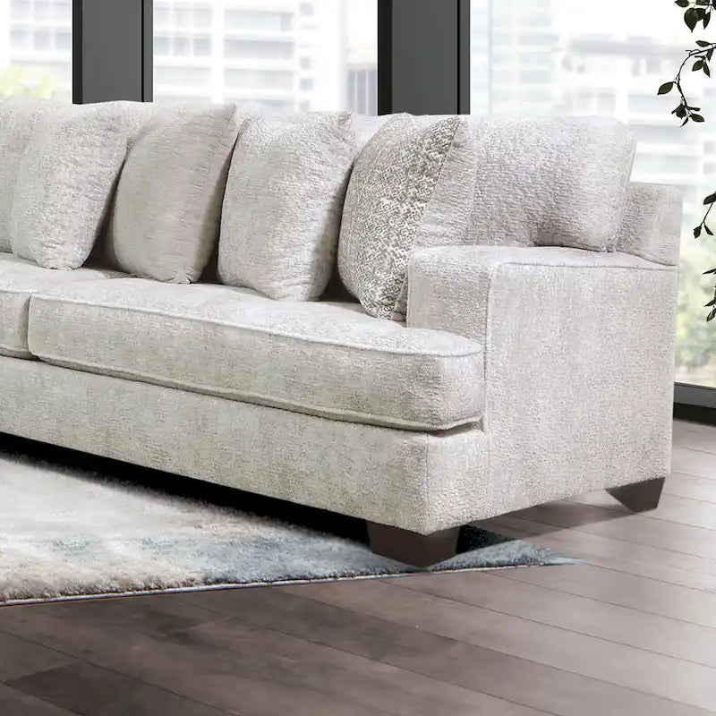 Divano sezionale a L in ciniglia beige, stile contemporaneo, 5 posti