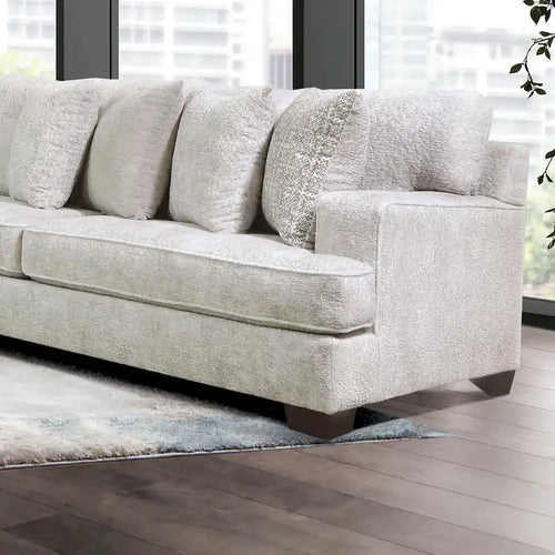 Divano sezionale a L in ciniglia beige, stile contemporaneo, 5 posti