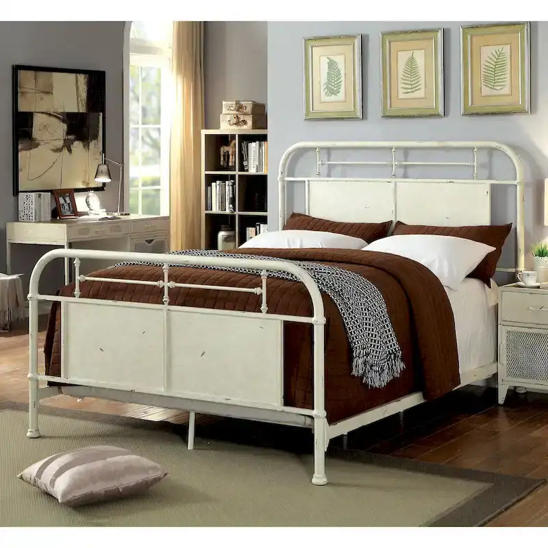 Letto a pannelli in metallo stile industriale anticato avorio/rosso/bianco – Queen/King/California King, Per 2