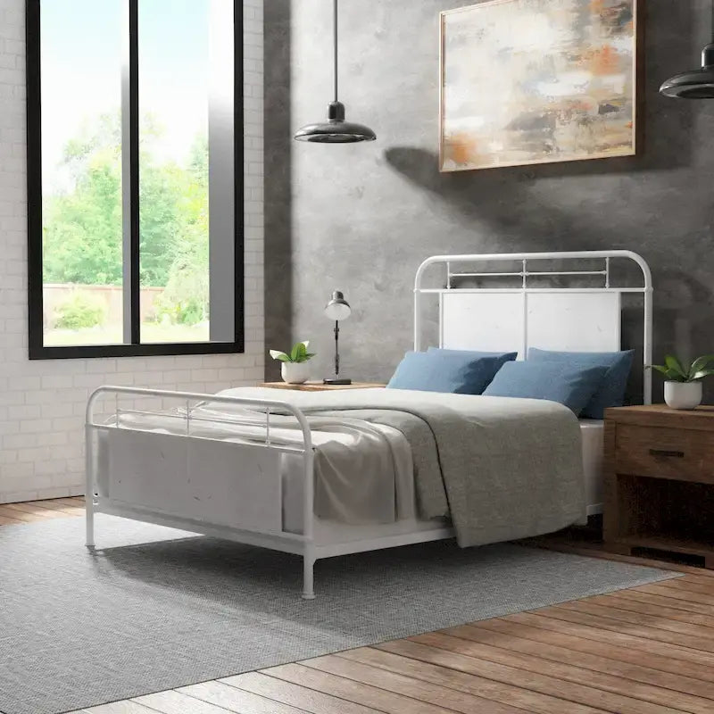 Letto a pannelli in metallo stile industriale anticato avorio/rosso/bianco – Queen/King/California King, Per 2
