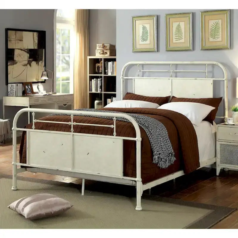Letto a pannelli in metallo stile industriale anticato avorio/rosso/bianco – Queen/King/California King, Per 2