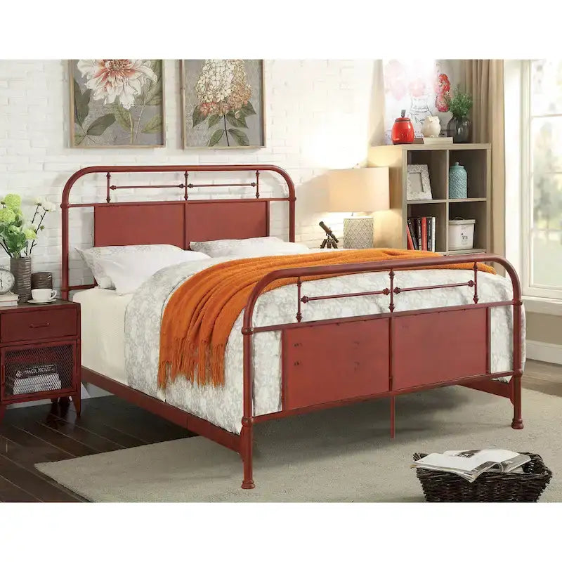 Letto a pannelli in metallo stile industriale anticato avorio/rosso/bianco – Queen/King/California King, Per 2