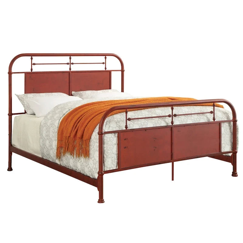 Letto a pannelli in metallo stile industriale anticato avorio/rosso/bianco – Queen/King/California King, Per 2