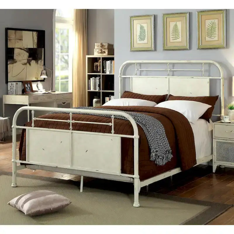Letto a pannelli in metallo stile industriale anticato avorio/rosso/bianco – Queen/King/California King, Per 2